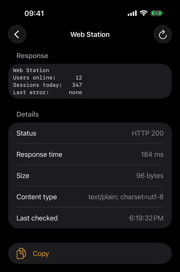 Custom URL detail: plain text returned by a script on the NAS, with HTTP status 200, a response time of 184 ms and the size in bytes