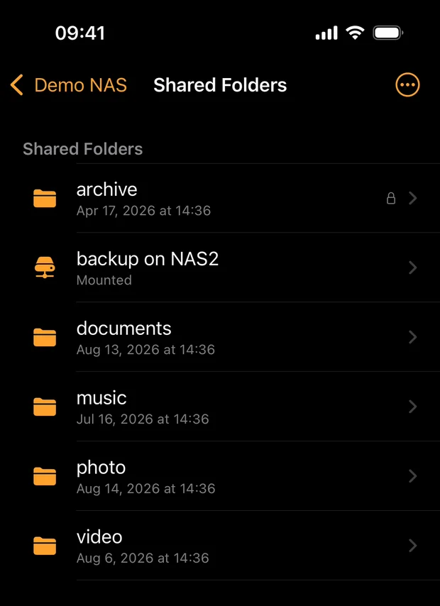 File browser listing shared folders on the NAS
