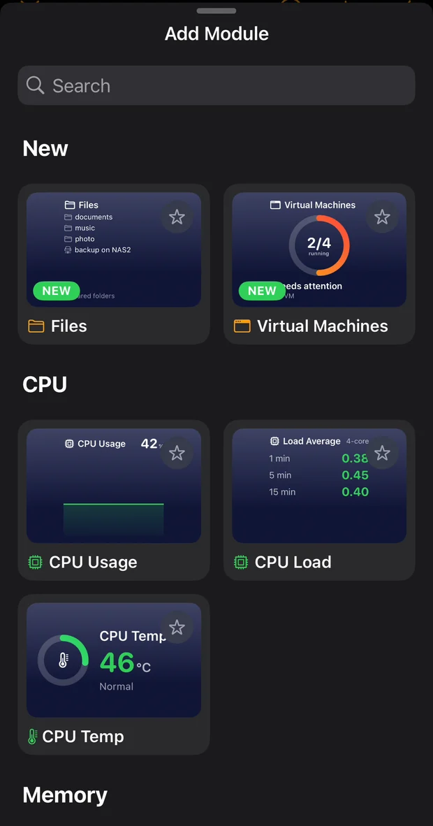 Module gallery showing live previews of each tile