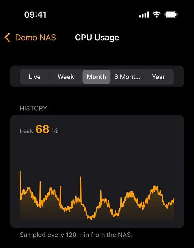 CPU usage history over a month with a peak value