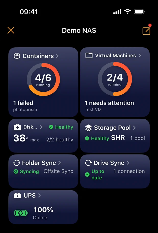 Containers and Virtual Machines tiles with Folder Sync, Drive Sync and UPS