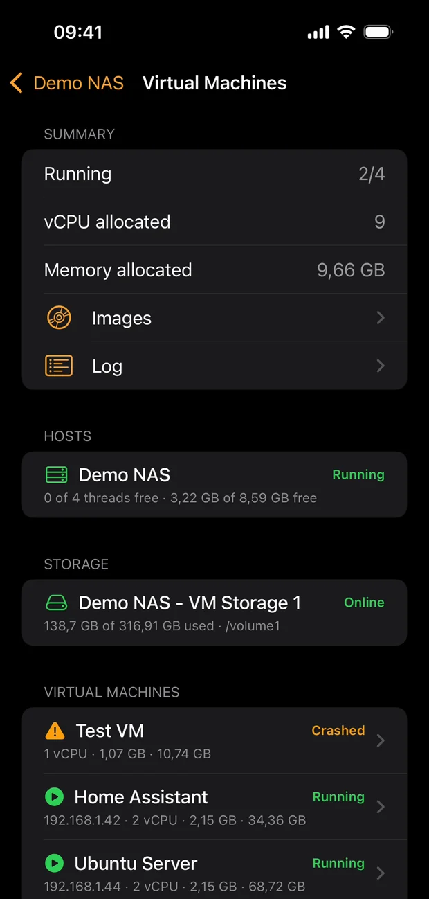 Virtual Machines detail listing guests, hosts and storage