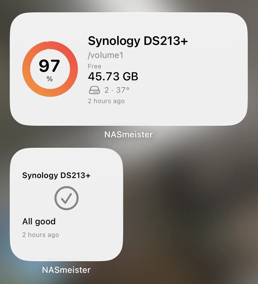 Two NASmeister widgets on an iPhone Home Screen: storage at 97 percent with 45.73 GB free and two drives at 37 degrees, and a smaller widget reporting All good, both showing when the data was read