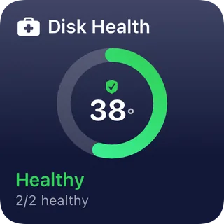 Disk Health tile: hottest drive 38 °C, S.M.A.R.T. status healthy