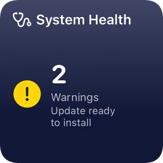 System Health tile: 2 warnings, an update ready to install